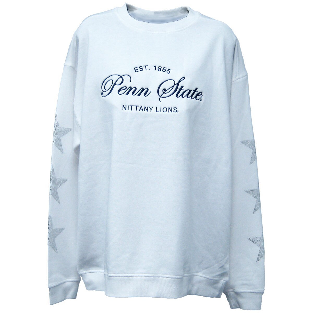 women's white crew neck sweatshirt with Penn State Nittany Lions Est. 1855 and rhinestone stars on sleeves